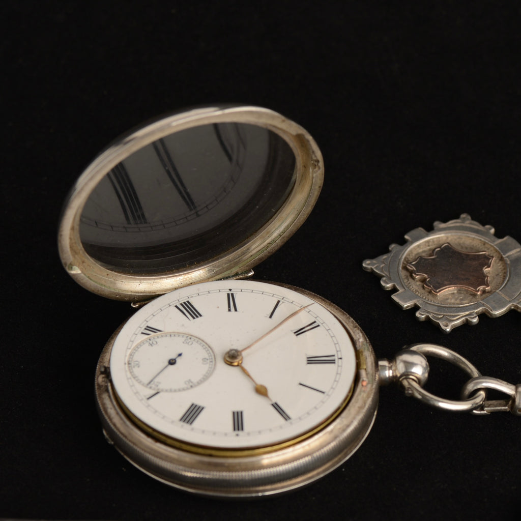 1896 William Ehrhardt Victorian Silver English Lever Pocket Watch – Double Albert Chain, Vesta & Fob