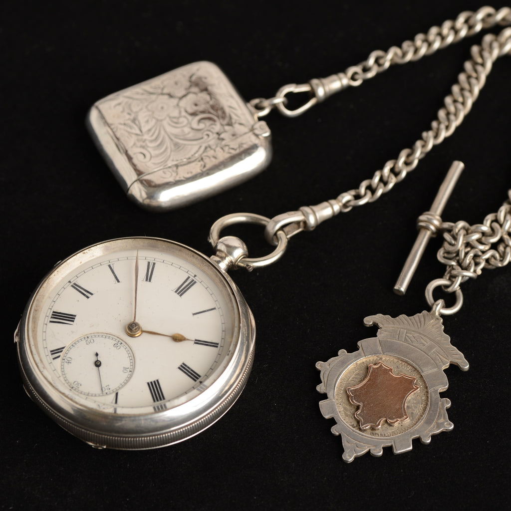 1896 William Ehrhardt Victorian Silver English Lever Pocket Watch – Double Albert Chain, Vesta & Fob