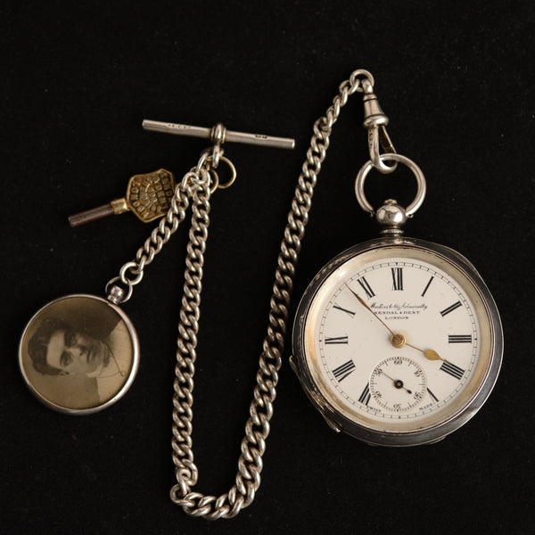Circa 1910 Kendal & Dent London Silver Pocket Watch – Albert Chain, Photo Fob