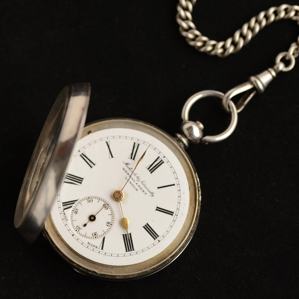 Circa 1910 Kendal & Dent London Silver Pocket Watch – Albert Chain, Photo Fob