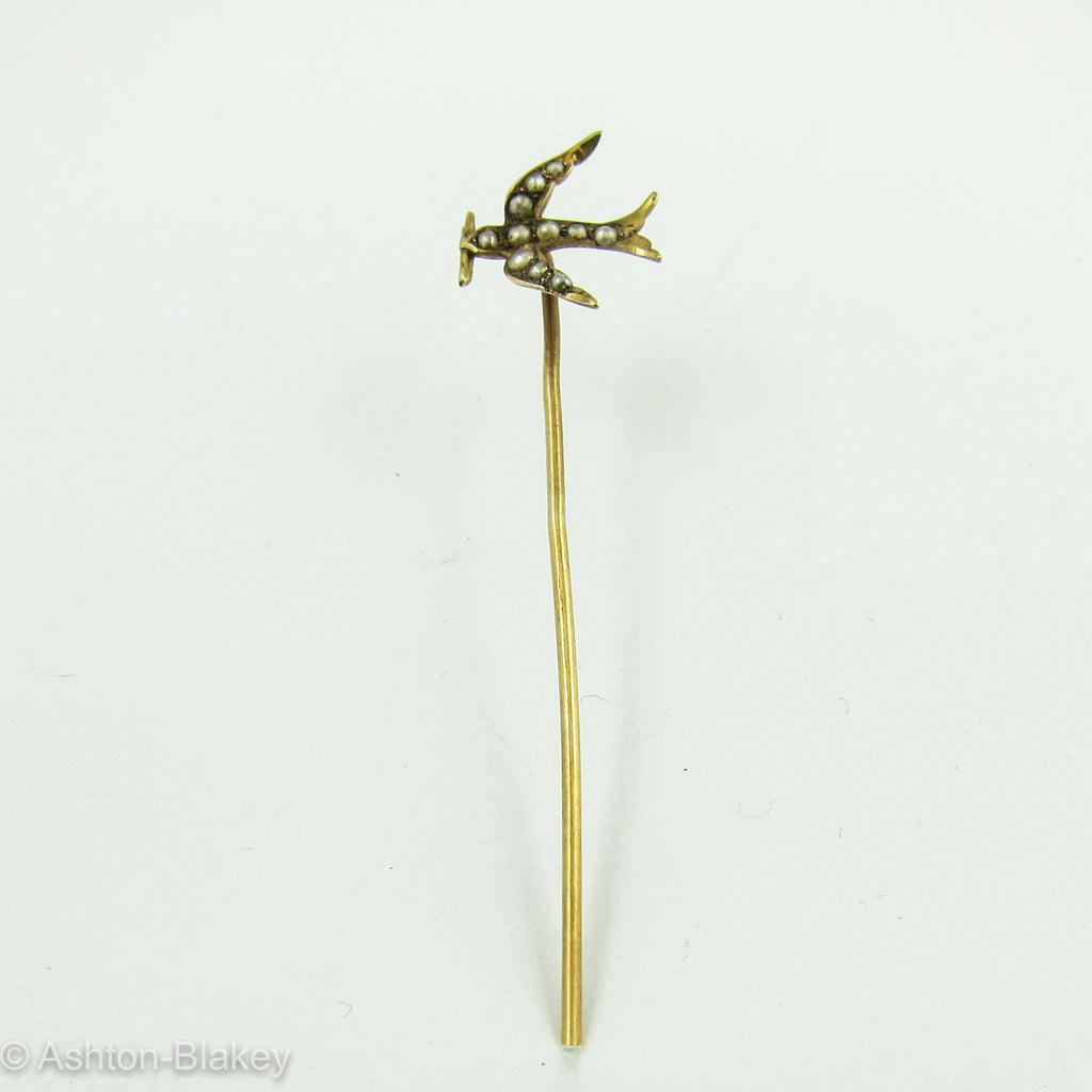 14K Gold Bird Stick Pin with Seed Pearls Jewelry - Ashton-Blakey Vintage Watches