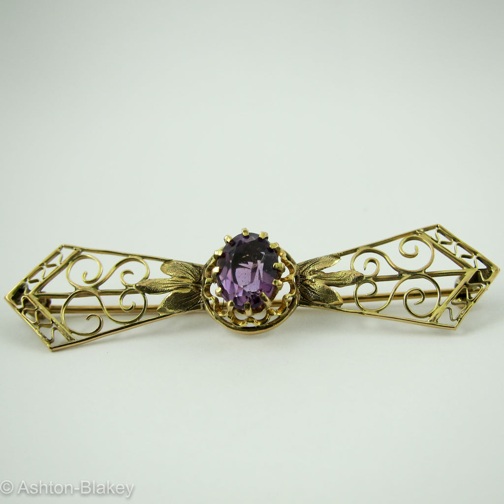 Victorian 14K Gold bow Tie Bar Pin with pronged center amethyst Jewelry - Ashton-Blakey Vintage Watches