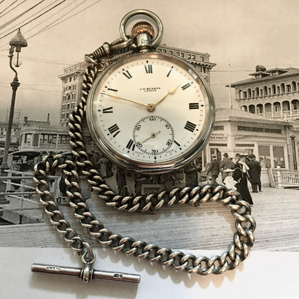 J W BENSON  SILVER POCKET WATCH AND CHAIN