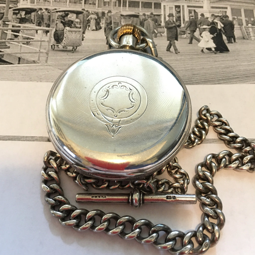 J W BENSON  SILVER POCKET WATCH AND CHAIN