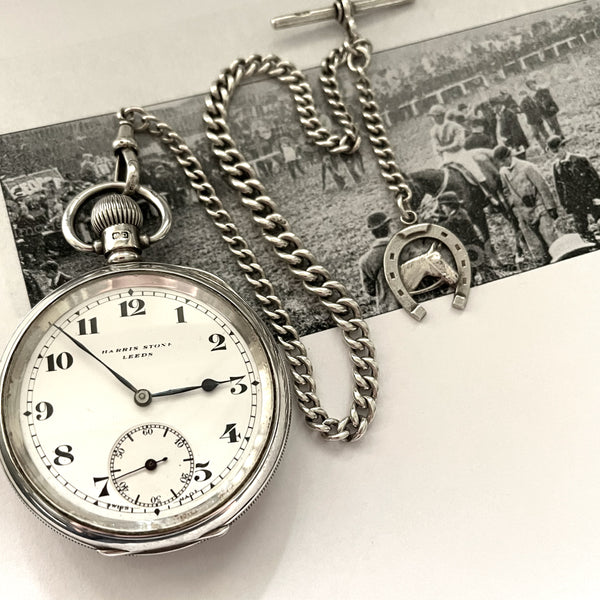 ENGLISH SILVER POCKET WATCH AND CHAIN