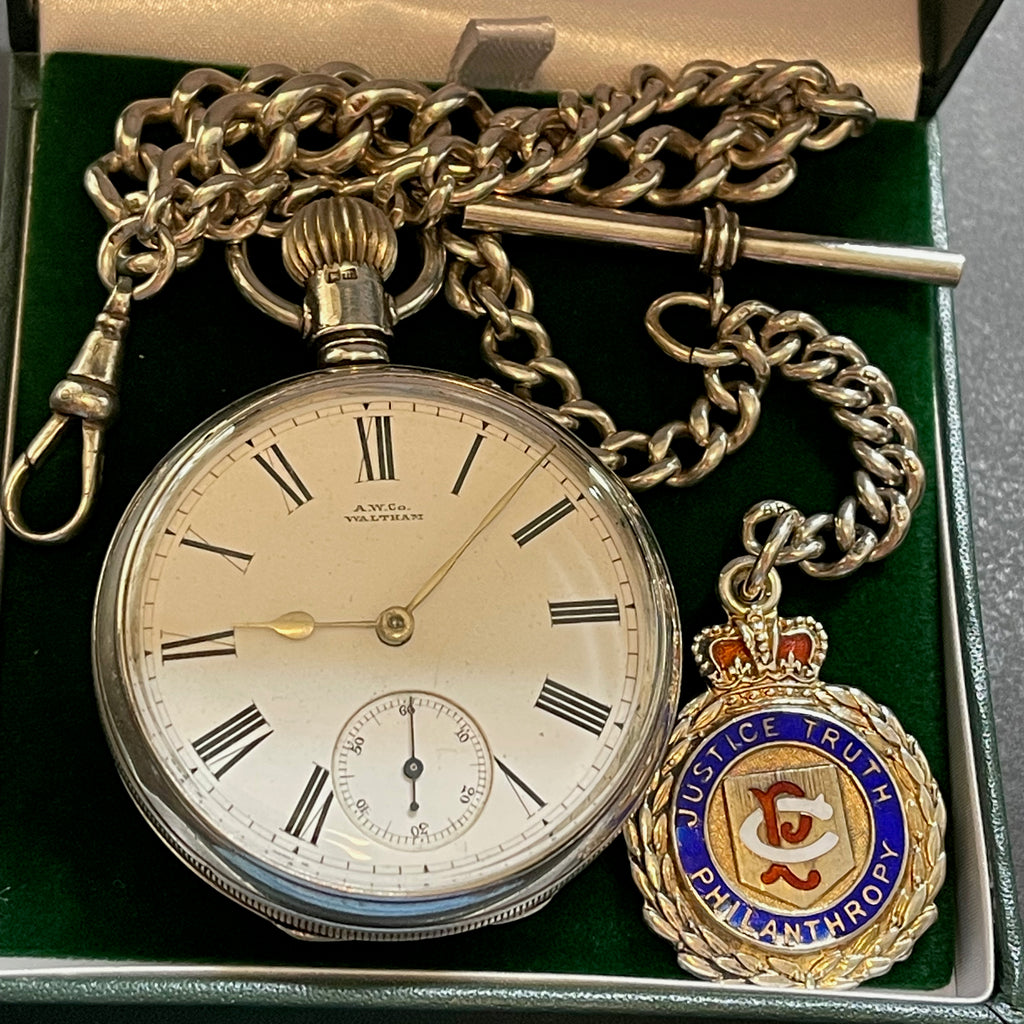 WALTHAM SILVER POCKET WATCH AND CHAIN