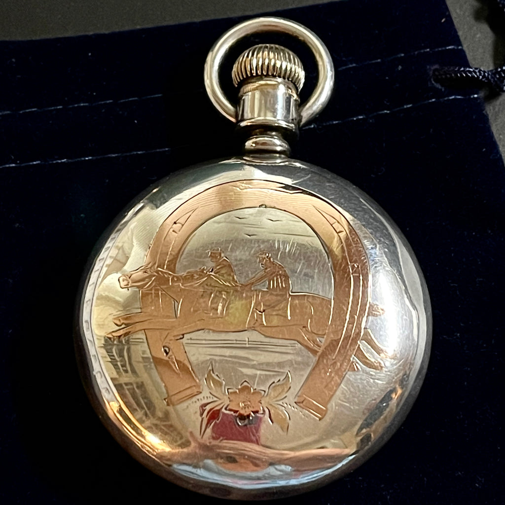 ILLINOIS STERLING AND GOLD INLAY HORSE RACING POCKET WATCH