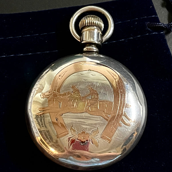 ILLINOIS STERLING AND GOLD INLAY HORSE RACING POCKET WATCH