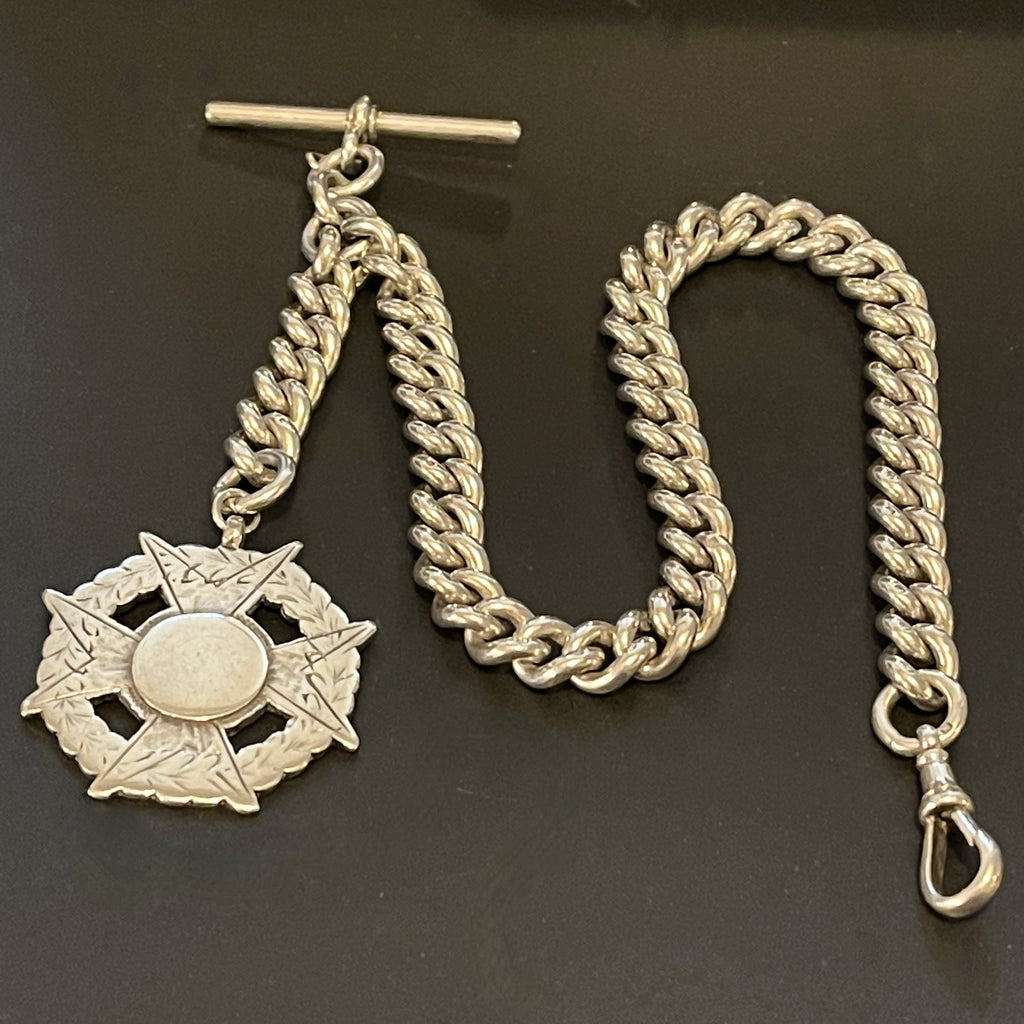 ANTIQUE SILVER WATCH CHAIN & FOB