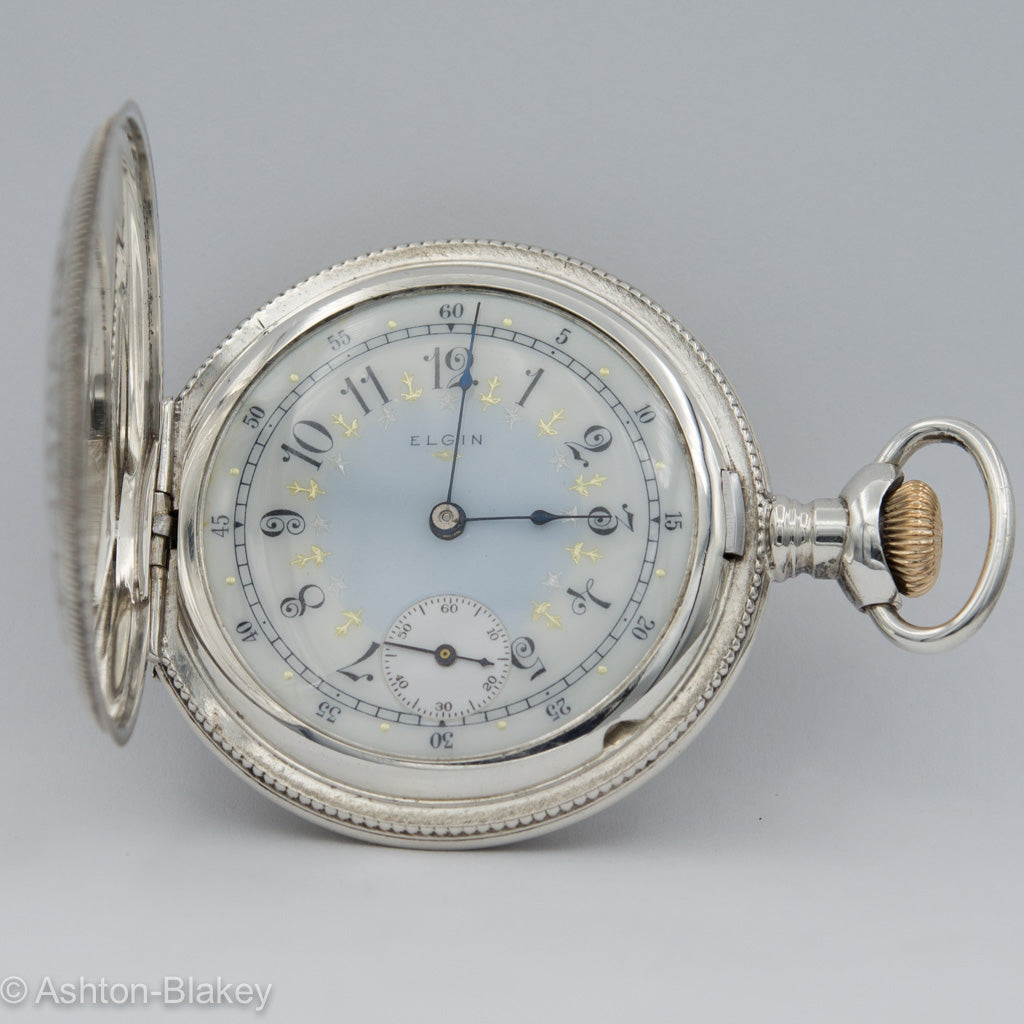 ELGIN silver multicolor dial hunting cased pocket watch Ashton
