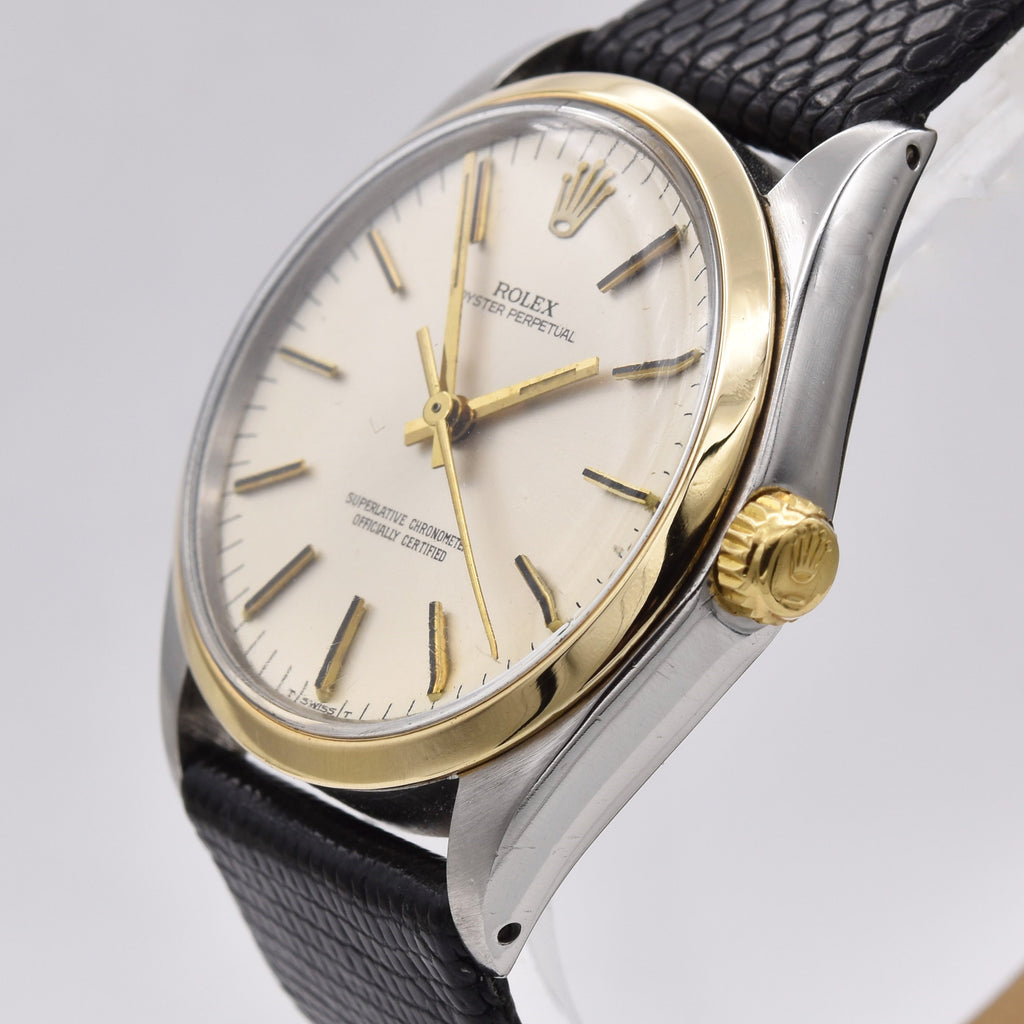 ROLEX OYSTER PERPETUAL STAINLESS WITH GOLD BEZEL Vintage Watches - Ashton-Blakey Vintage Watches