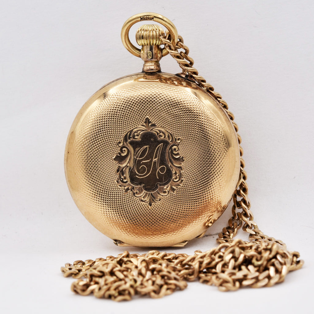 SWISS 14K GOLD LADY'S POCKET WATCH & CHAIN Pocket Watches - Ashton-Blakey Vintage Watches